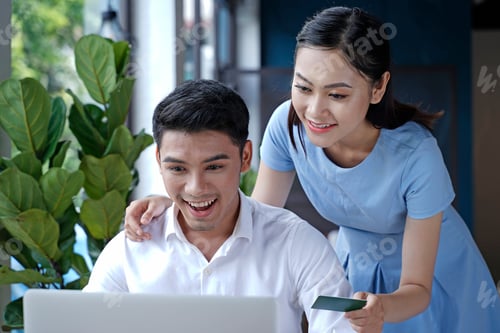 Preview: Asian Young Couple Happy Smile, Shop Online With Digital Device And Make Online Payment Banking