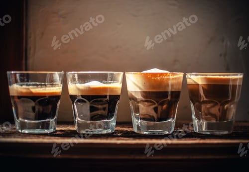 Preview: A Closeup Shot Of Four Glasses With Liqueur Put In A Line On Blurred Background