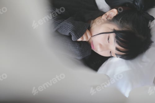 Preview: Young Pretty Girl Wearing Black Cotton Sweatshirt On Bedroom White Tone