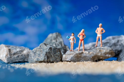 Preview: Miniature People Wearing Swimsuit Relaxing On The Beach With Blue Background , Summer Time Concept
