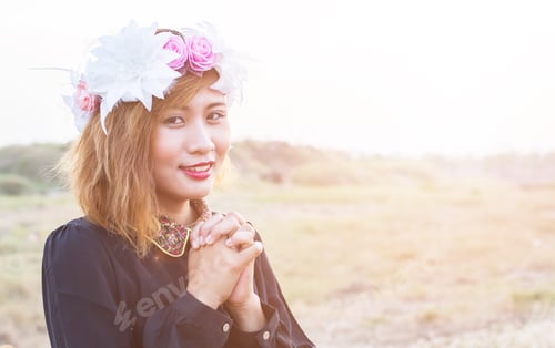 Preview: He Young Woman In A Dress In The Field Of Flowers.