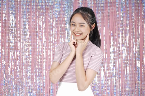 Preview: Asian Young Teenager Pretty Cheerful Beautiful Girl With Present Box, On Pink Sparkling Background