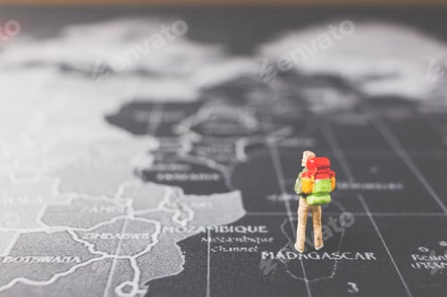 Preview: Miniature People Backpacker Walking On World Map, Tourism And Travel Concept