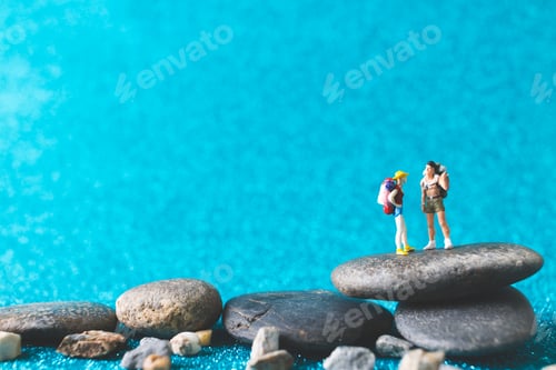 Preview: Miniature Backpacker , Tourist People On Blue Glitter Background
