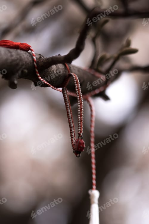Preview: A Vertical Shot Of A Threaded String Bracelet With A Ladybug Decoration, Hung Over A Tree Branch