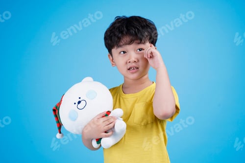 Preview: Asian Little Kid Boy Holding And Hugging Teddy Bear Doll. Early Childhood Development, Child