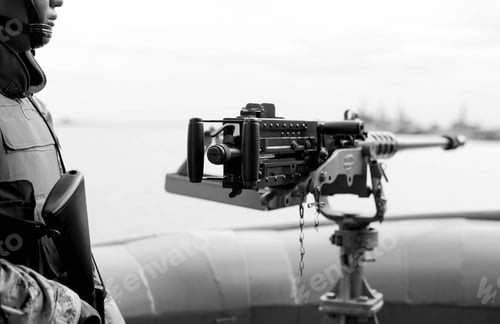 Preview: Machine Gun And Navy Guard On The War Ship In Black And White