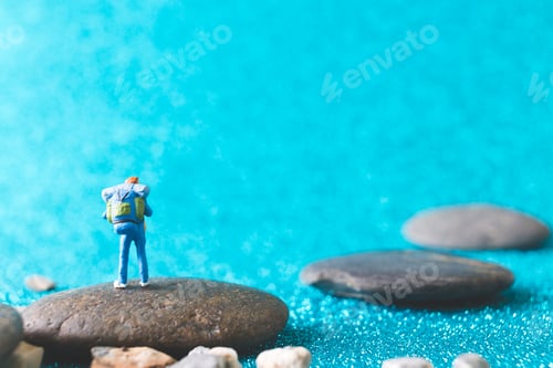 Preview: Miniature Backpacker , Tourist People On Blue Glitter Background