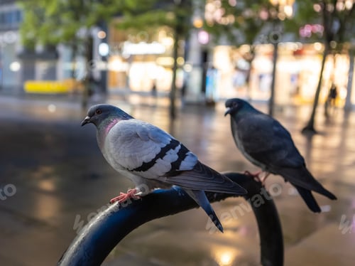 Preview: A Pair Of Pigeons Standing On A Metal Bar In The Streets With Bokeh Lights On Buildings In The