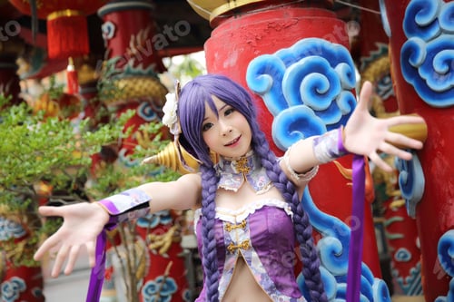 Preview: Portrait Of Asian Young Woman With Purple Chinese Dress Cosplay With Temple