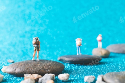 Preview: Miniature Backpacker , Tourist People On Blue Glitter Background
