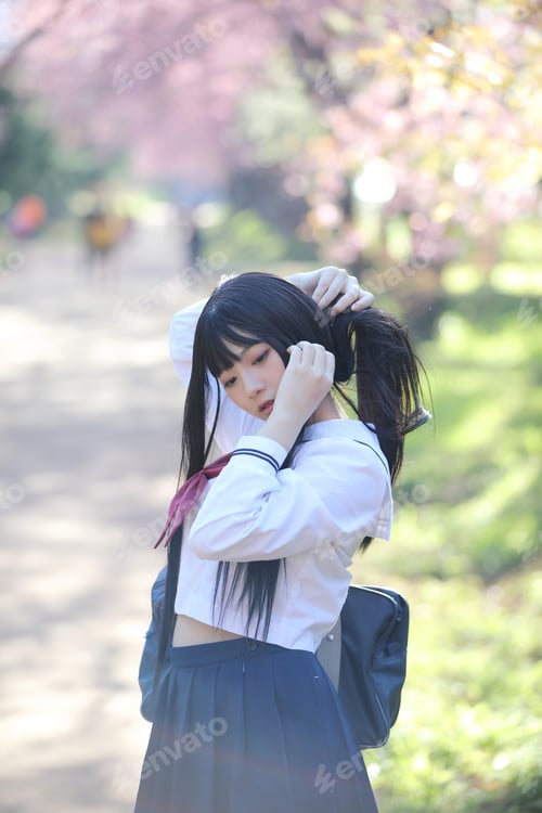 Preview: Japanese School Girl Dress With Sakura Flower Nature Walkway