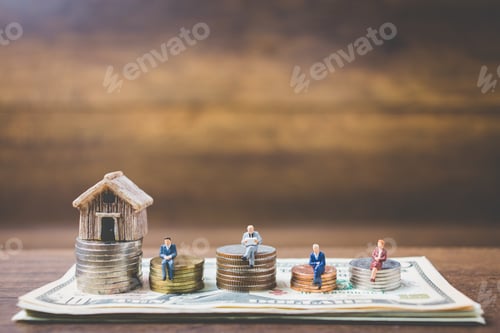 Preview: Miniature People Businessman On Money On Wooden Backhground