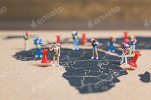 Preview: Miniature People Backpacker Walking On World Map, Tourism And Travel Concept