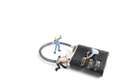 Preview: Miniature People Worker : Teamwork Helps To Unlock Password On The Keys. Team Work Concept.