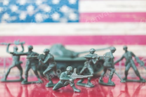Preview: Miniature Toy Soldiers In Battle Scene With American Flag Background , Memorial Day Concept