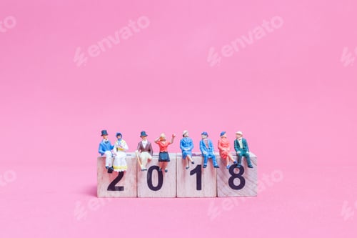 Preview: Miniature People : Couple Sitting On Wooden Block Number 2018 , Valentine'S Day Concept