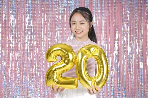 Preview: Asian Young Teenager Pretty Cheerful Beautiful Girl With Party Gold Foil Balloon, On Pink Sparkling