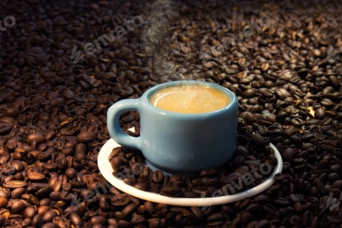 Preview: A Closeup Shot Of A Cup Of Coffee And Roasted Coffee Beans