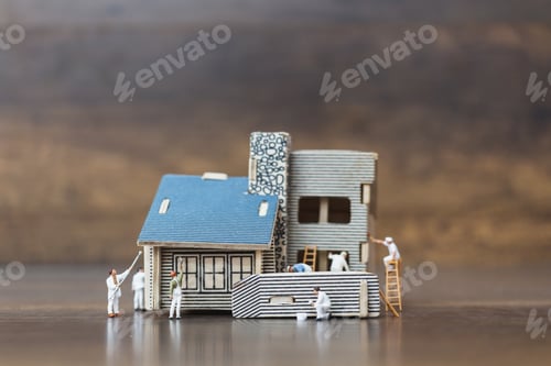 Preview: Miniature People: Workers Team Painting A New Home. Renovation Concept.