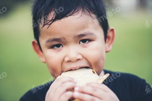 Visualização: Little Boy Eating Food Fresh Bread Roll Sandwich
