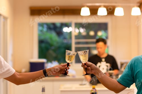 Preview: Friends Party Celebration With Clinking Glasses Of White Wine At Home.