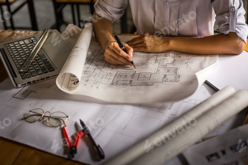 Preview: Creative Architect Projecting On The Big Drawings In The Dark Loft Office Or Cafe With Dark And