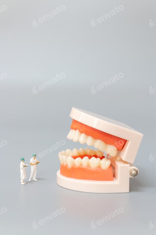 Preview: Miniature People : Dentist Repairing Human Teeth With Gums And Enamel , Health And Medical Concept