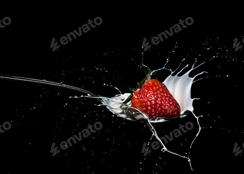 Preview: A Closeup Shot Of A Strawberry Dropped Into Milk On An Isolated Background