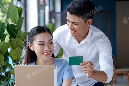 Preview: Asian Young Couple Happy Smile, Shop Online With Digital Device And Make Online Payment Banking