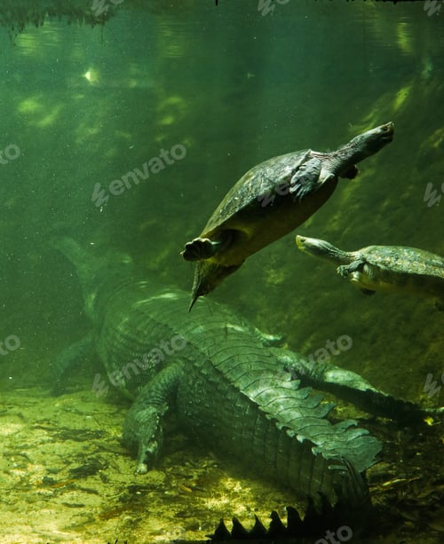Preview: A Vertical Shot Of An Alligator And Turtles Co-Existing Underwater
