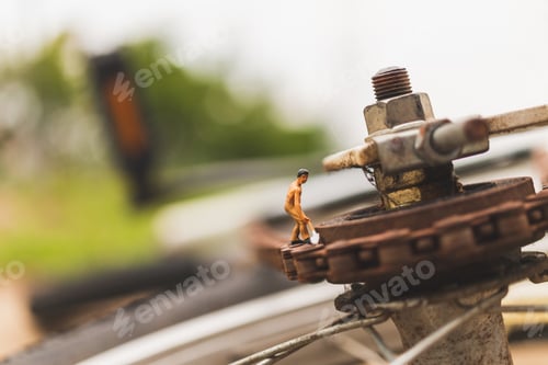Preview: Miniature People : Mechanics Repairing Bicycle , Concept Of The Workshop
