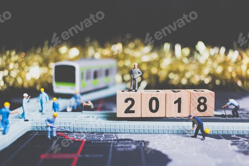 Preview: Miniature People Worker Build Wooden Block Number 2018 On Rail Way
