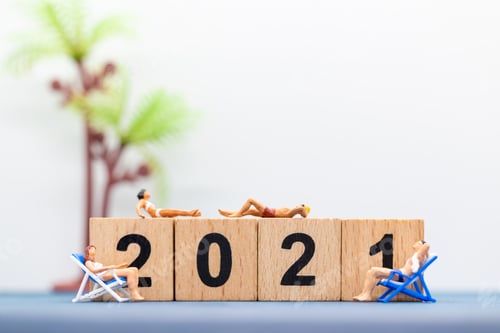 Preview: Miniature People Wearing Swimsuit Sitting On The Lounge Chair At Wooden Block 2021