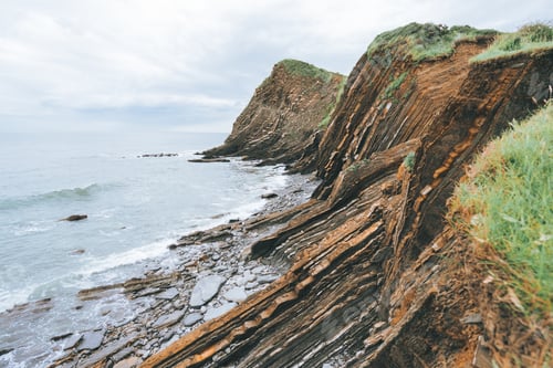 Preview: A Panoramic Shot Of Cliffs Filled With Green Grass Next To The Blue Sea During Daylight