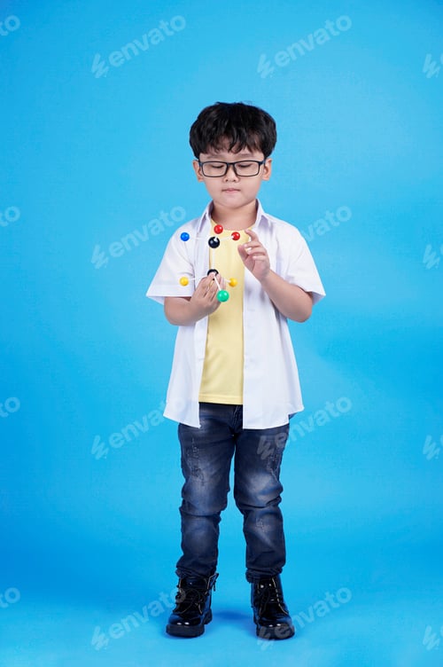 Preview: Asian Little Handsome Kid Full Body Length Isolated On Blue Background