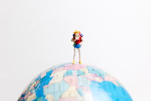 Preview: Miniature People Figure Standing On The Globe World Map With White Background And Copy Space As