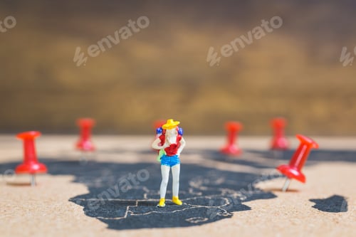 Preview: Miniature People Backpacker Walking On World Map, Tourism And Travel Concept