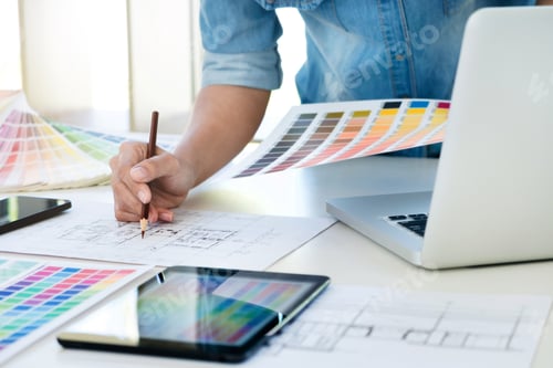Preview: Interior Aechitect Designer At Work On Project Of Building With Colour Chart