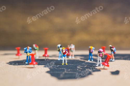 Preview: Miniature People Backpacker Walking On World Map, Tourism And Travel Concept