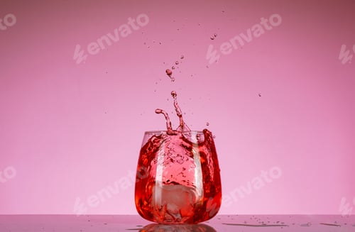 Preview: A Glass Of A Red Splashing Alcoholic Drink On A Pink Background