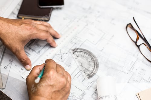 Preview: Close-Up Of Person'S Hand Drawing Plan On Blue Print With Architect Equipment.