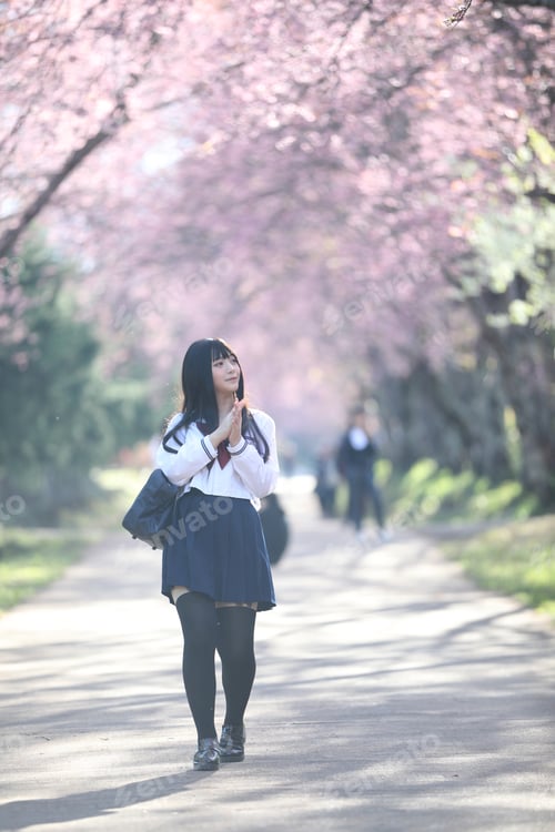 Preview: Japanese School Girl Dress Looking Sakura Flower Nature Walkway