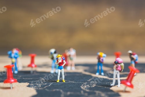 Preview: Miniature People Backpacker Walking On World Map, Tourism And Travel Concept