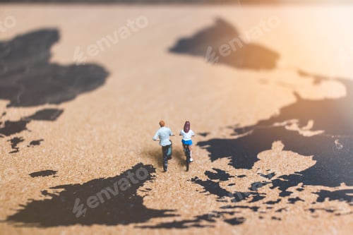 Preview: Miniature People Travelers Riding Bicycle On World Map , Traveling And Exploring The World Concept