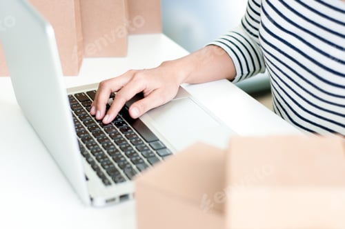 Preview: Seller Using Advertisement In Internet On Laptop, Store And Marketing Concept.