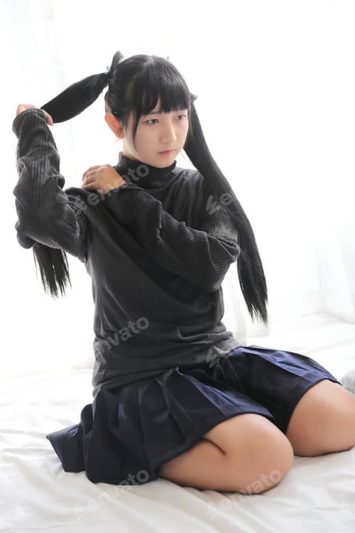 Preview: Young Pretty Girl Wearing Black Cotton Sweatshirt On Bedroom White Tone