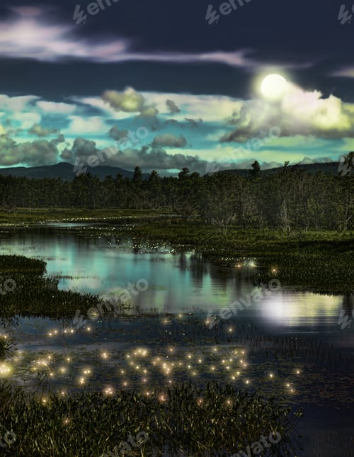 Preview: Depiction Of A Forest Stream With Lightning Bugs At Twilight