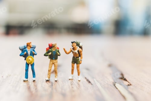 Preview: Miniature Backpacker , Tourist People Standing On Wooden With Blurred Background