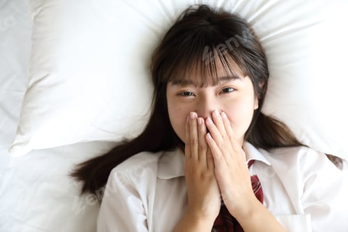 Preview: Portrait Japanese School Girl Uniform Sleep And Look At Camera In White Tone Bed Room